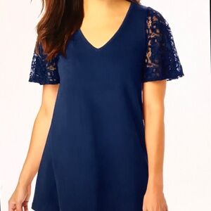 WOMAN WITHIN V-Neck Tunic Lace Sleeves Tee Shirt Women’s Plus Size 4X 34/36